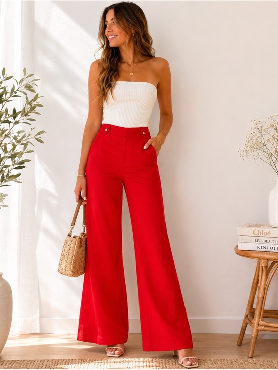 Elizabeth McKay Pants - Elizabeth McKay Red Linen Wide-Leg High-Waist Pants Sz. 6 NWT